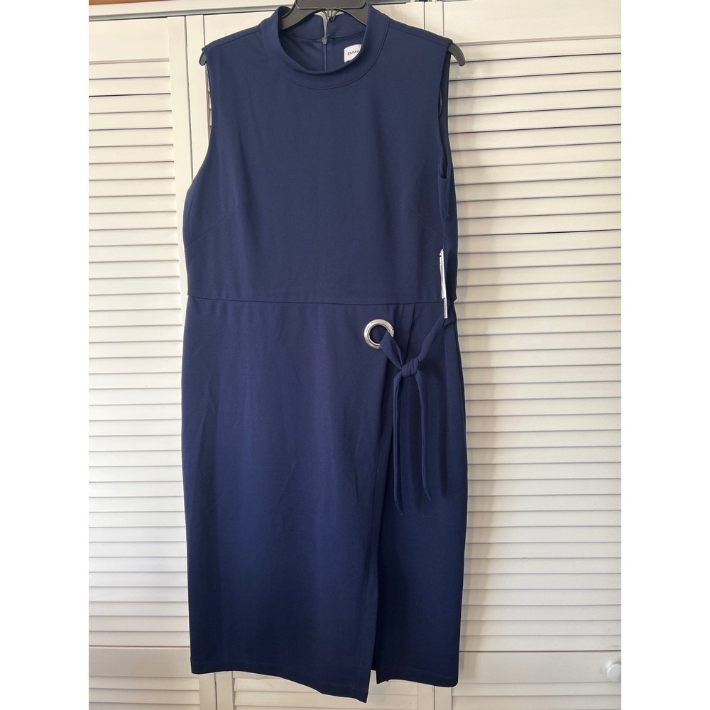 Emma & Michele Womens Navy Blue Mock Neck Side Tie Sheath Dress Size 16 NWT